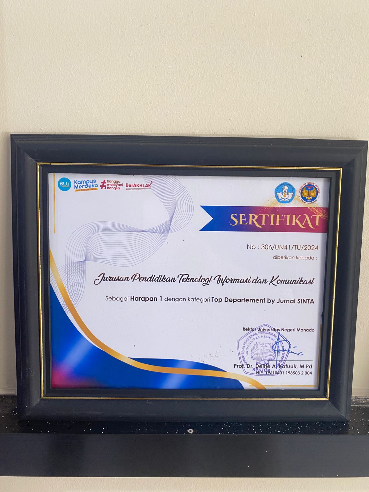 Certificate Harapan 1 Top Departement by Jurnal SINTA